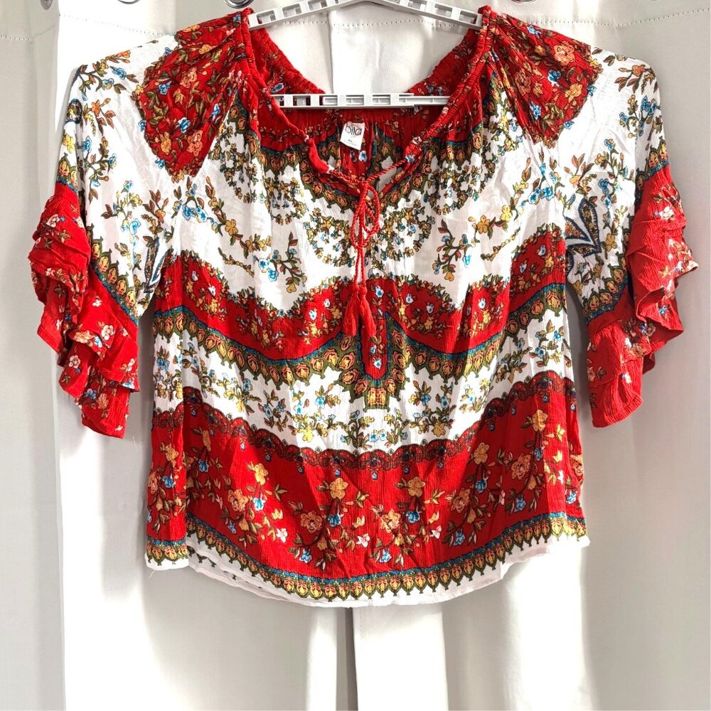 Bila Women Top Sz XL Floral Red Tiered Flare Sleeve Boho Western Cottage 18209x